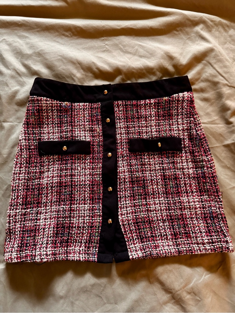 SHEIN Pink & Black Tweed Mini Skirt with Gold Buttons